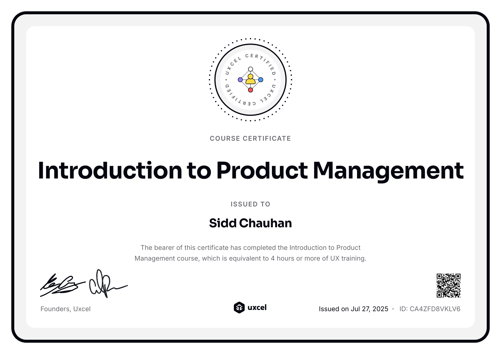 Sidd Chauhan's certificate